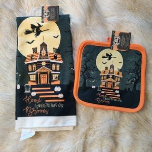 Haunted house kitchen hand towel pot holder witch Halloween decor NWT set orange